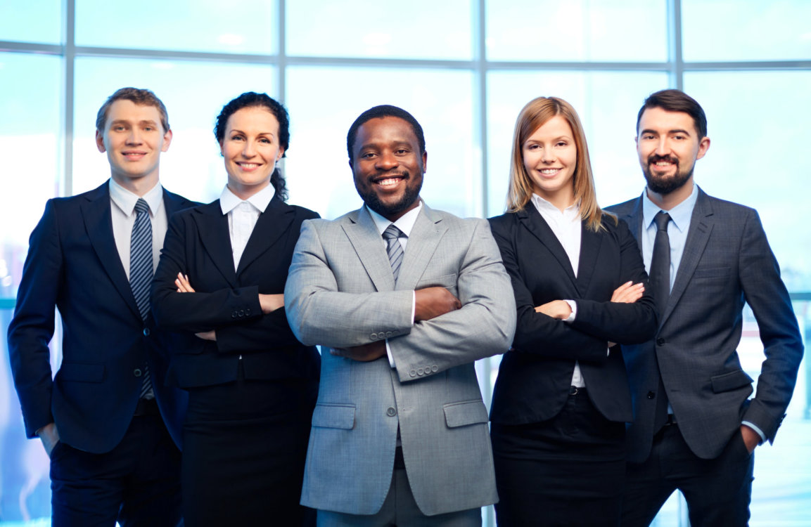 group of co-workers are smiling